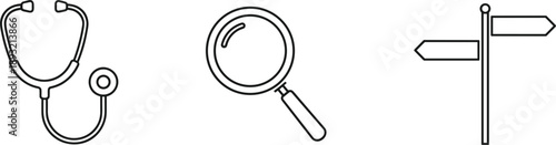 Medical diagnosis and navigation icons set with stethoscope magnifying glass and direction sign symbols design