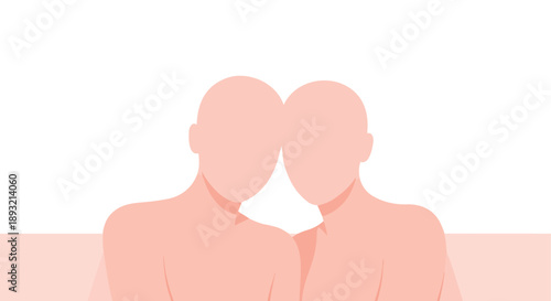 Two minimalist, faceless figures with heads touching, symbolizing closeness and connection in a flat design style.