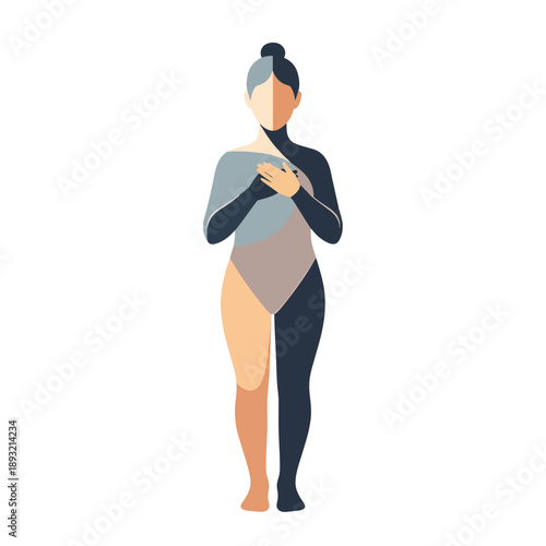 Stylized illustration of a woman split into contrasting light and dark halves, representing duality and inner self.