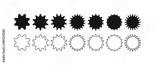 Set of gear and cogwheel icons with different tooth counts, black solid and outline line style vector