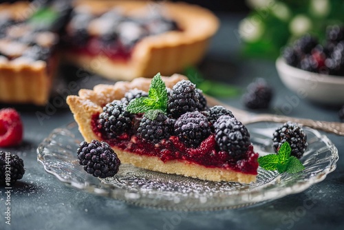 Slice of homemade blackberry tart with fresh berries, mint leaves and powdered sugar on a glass plate.