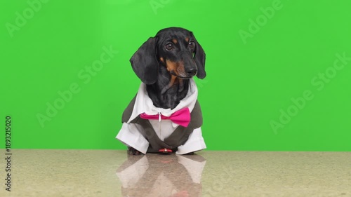 A black and tan dachshund in a tuxedo with a pink bow tie sits at a bartender counter against a bright green background, looking away and twitching his ears.