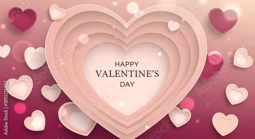 Happy Valentine's Day celebration with layered heart design and festive background