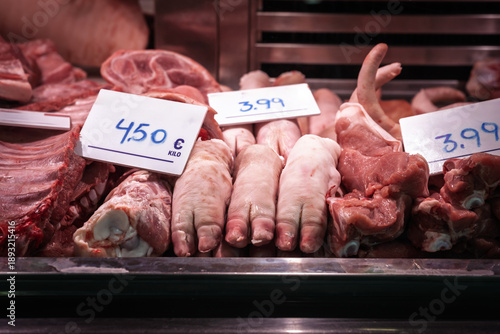 Photos Closeup of pig trotters, also called pig's trotter, pettitoe, pig's foot, pork f
