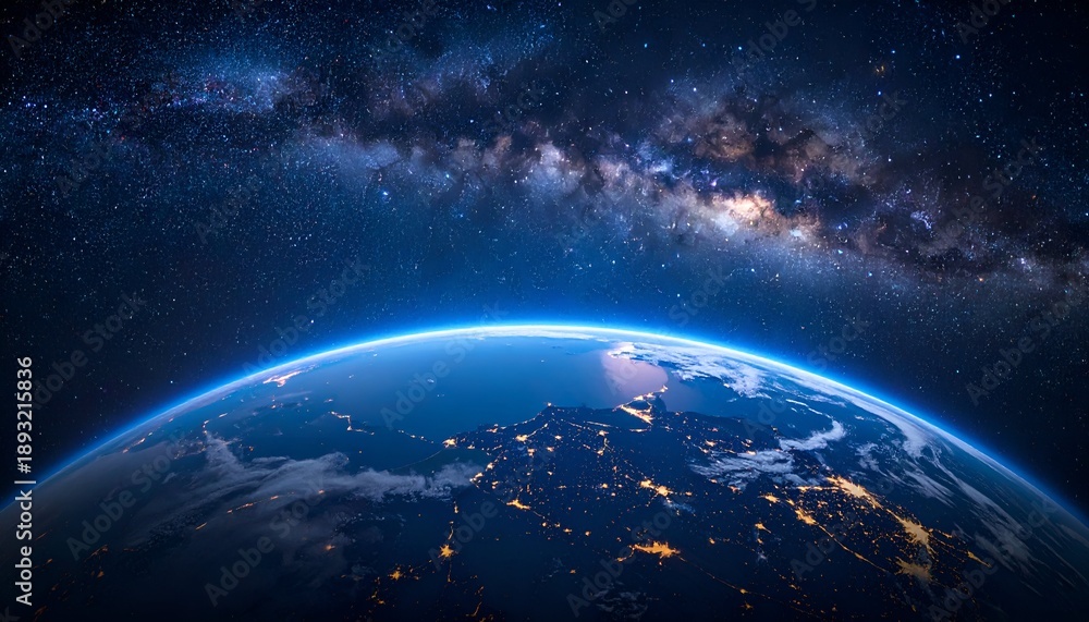 Obraz premium Night side of Earth, lights, arc above, against a swirling galaxy backdrop