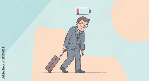 Tired businessman with low battery icon representing corporate burnout and fatigue.