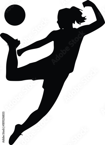 Black silhouette of a person kicking a ball in midair