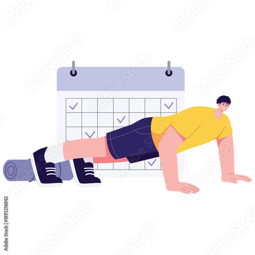 Habit Building Illustration. Vector illustration of Man doing plank exercise with calendar checklist, representing fitness habit tracking and healthy lifestyle discipline. Isolated on background