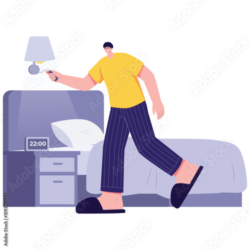 Habit Building Illustration. Vector illustration of Person turning off bedside lamp at night, showing bedtime routine, rest habits, and better sleep management. Isolated on background