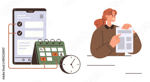 Time management, productivity, organization, scheduling, task planning, business concepts. Calendar and clock near smartphone checklist, woman holding paper. Time management and productivity