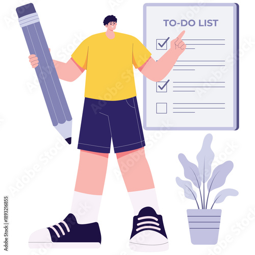 Habit Building Illustration. Vector illustration of Young man holding pencil beside to-do list board, representing productivity, task management, and daily planning habits. Isolated on background