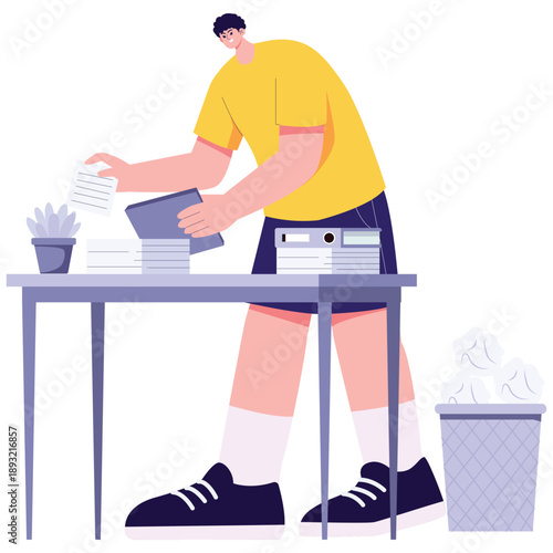 Habit Building Illustration. Vector illustration of Man sorting documents on desk with folders and trash bin, representing organization, productivity, and decluttering habits. Isolated on background