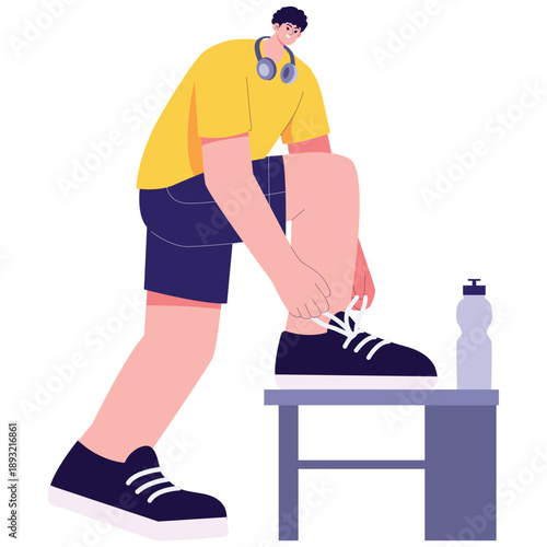 Habit Building Illustration. Vector illustration of Man tying shoelaces with headphones and water bottle, representing preparation for jogging and building fitness habits. Isolated on background