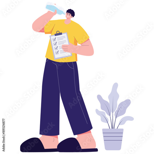 Habit Building Illustration. Vector illustration of Man drinking water while holding checklist, representing daily hydration habits and healthy routine tracking. Isolated on background