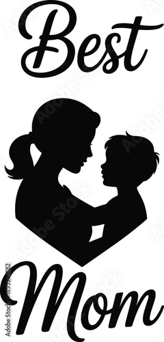 Black silhouette of mother and child with mom text