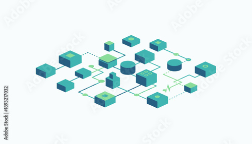 3D rendered network of interconnected blocks and nodes.