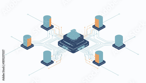 Centralized database connected to multiple servers and storage systems.