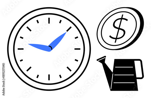 Time management, financial growth, productivity, investment strategies, business planning, resource allocation. A clock, a coin and a watering can. Time management and financial growth concept