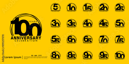 Set of black anniversary celebration emblem. congratulation anniversary award logo with rings on yellow background. vector illustration template design for web banner