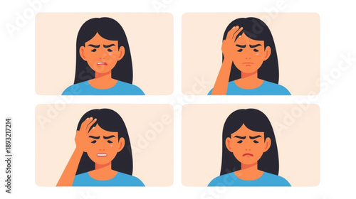 Vector illustrations depicting a young woman experiencing various forms of discomfort, including a headache, toothache, and feelings of frustration and emotional distress