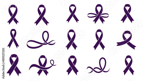 Collection of various purple awareness ribbon designs in flat vector style isolated on white background for medical health and social support concept