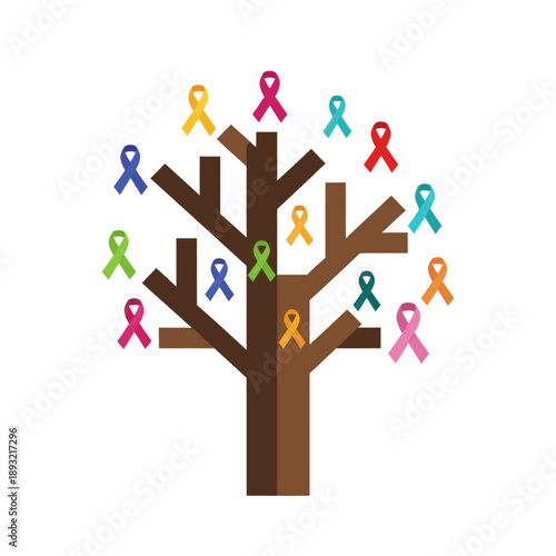 Health awareness tree with various colorful ribbons vector illustration