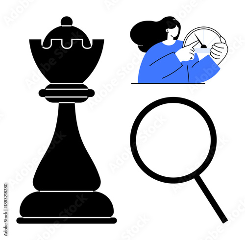 Chess piece for strategy, woman interpreting a gauge, and a magnifying glass. Ideal for strategy, analysis, planning, precision, decision-making focus evaluation. Clean flat metaphor