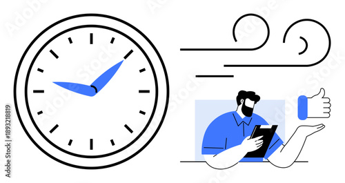 Time management, productivity, decision making, business efficiency, mindfulness, task prioritization. Clock with moving wind lines and man holding clipboard showing approval. Time management