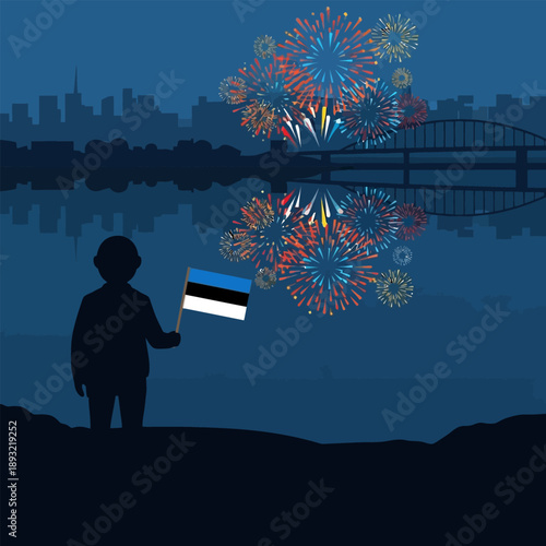 Child holds Estonian flag watching fireworks over city and river