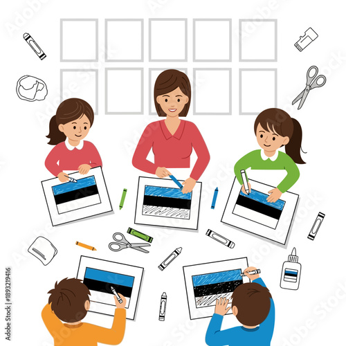 Children learning to draw Estonia flag with teacher in art class