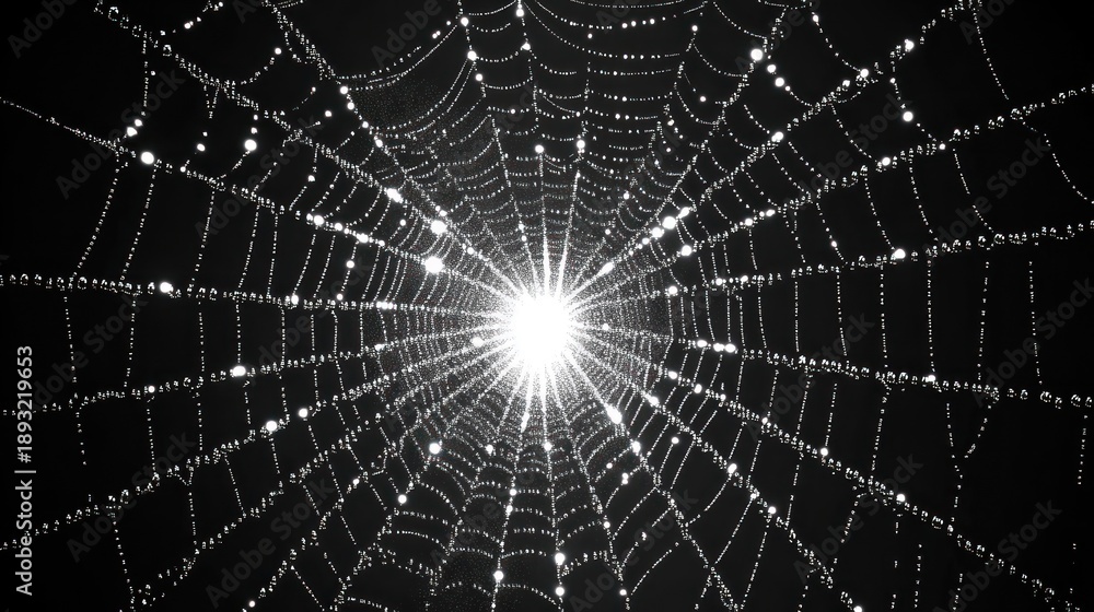 Fototapeta premium Dew-covered spiderweb at night, radiating light, nature background, Halloween