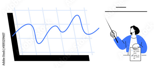 Blue line graph with dynamic trend, person analyzing results using pointer, holding paper. Ideal for data analysis, trends, education, business strategy, presentation growth training. Simple flat