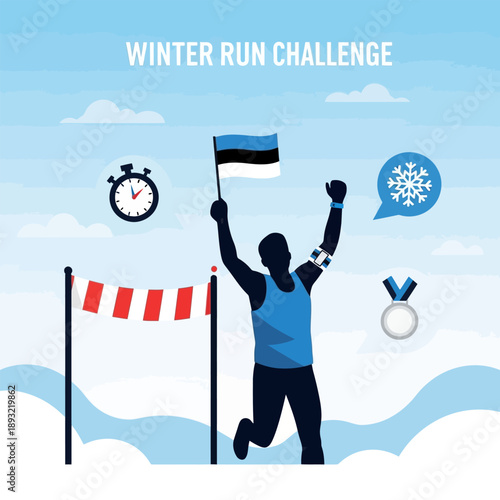 Runner celebrating victory at Winter Run Challenge holding Estonian flag