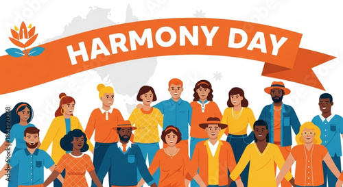 Diverse group of people celebrating harmony day with orange banner