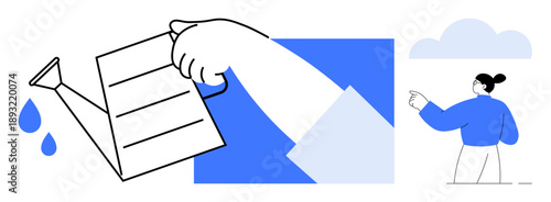 Growth, nurturing, guidance, sustainability, leadership, success. A large hand with a watering can and a woman pointing to the sky. Growth and nurturing through watering and direction