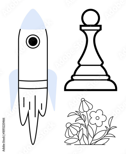 Creativity, exploration, strategy, innovation, nature , and design. Rocket, chess pawn and decorative flowers in a minimalist style. Creativity and exploration concept