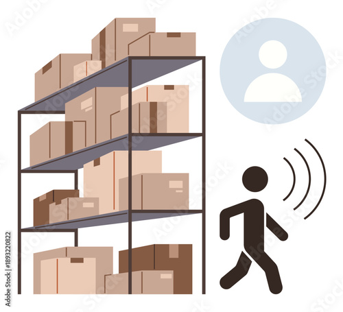 Inventory management, supply chain, logistics, warehouse operations, stock tracking, e-commerce. Shelving unit with boxes and a person emitting waves. Inventory management and supply chain concept