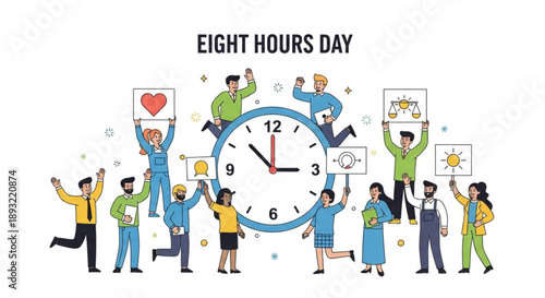 Diverse people around a clock celebrating work life balance and productivity with symbols of happiness and time management