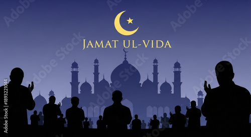 Silhouetted muslims praying at dusk with mosque and crescent moon jamat ul vida celebration