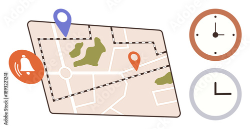 Location tracking, time organization, route planning, schedule reminders, navigation systems, travel guidance. Map layout with pins, clocks and a reminder icon. Location tracking and time