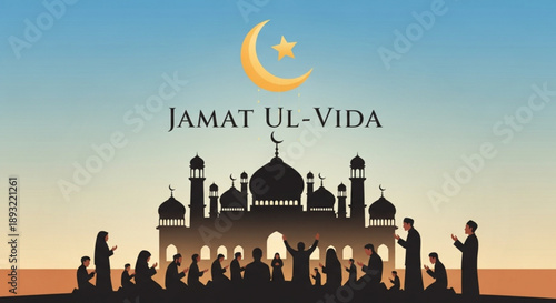 Muslims praying at mosque during jamat ul vida crescent moon and star in sky sunset background