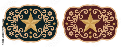 Ornate Sheriff Star and Cowboy Belt Buckle Design featuring a stylized five-point Texas star set within a decorative floral frame for a classic Wild West aesthetic.