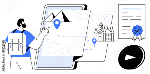 Travel planning, navigation, tourist itineraries, digital tools, destination finding, exploration. A person with a backpack pointing at a map with landmarks. Travel planning and navigation concept
