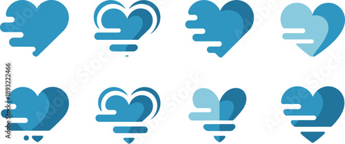 Collection of eight blue heart with abstract, flowing