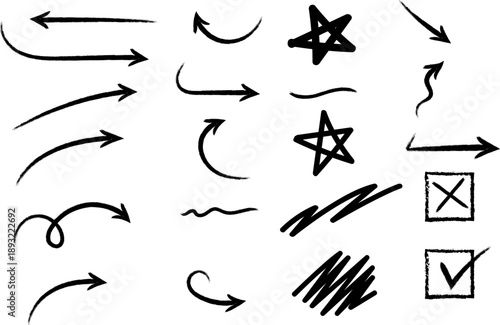 Hand drawn arrows and symbols isolated on transparent background