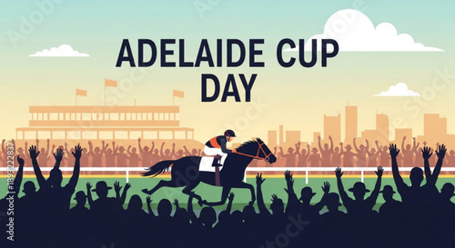 Horse racing event with jockey and cheering crowd on adelaide cup day at sunset