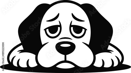 Sad black and white dog lying down with paws outstretched