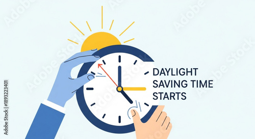 Daylight saving time starts concept with hands adjusting clock and sun
