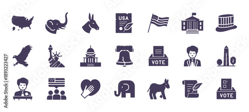 USA Election Icons Vector Set - Patriotic Political Symbols, Voting, Government and Democracy. Solid Glyph Pictograms of American Landmarks, Flag, Eagle, Ballot Box, Vote Icons and Campaign.
