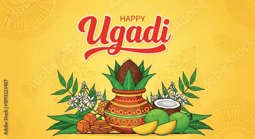 Happy ugadi festival celebration with traditional indian decorations and fruits on yellow background